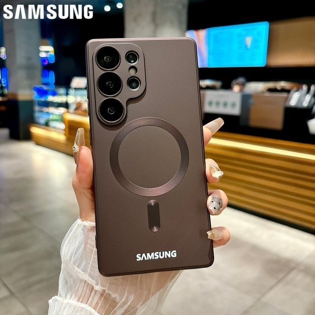 MagSafe Schutzhülle für Samsung Galaxy S26 S25 S24 S23 S22 S21 Ultra Plus aus weichem Silikon und PC mit Metall-Lackierung und Kameralinsen-Vollschutz in Schwarz und Braun - Bild 1