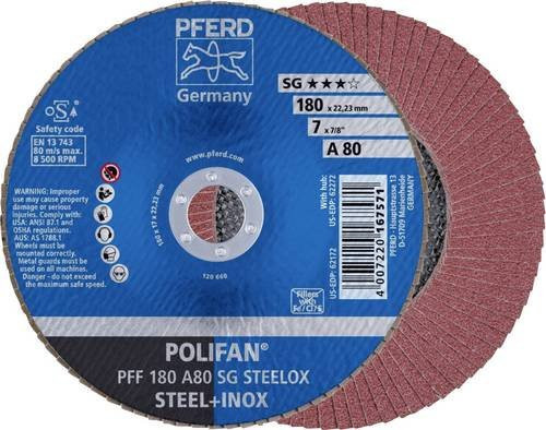 PFERD POLIFAN SG STEELOX Fächerschleifscheibe für Stahl und Edelstahl, Körnung 80, Durchmesser: 180 mm, Bohrungs-Ø: 22,23 mm - Bild 1