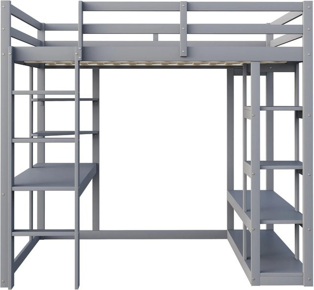 Merax Hochbett aus Massivholz und MDF mit Tisch und Regalen, Grau/Weiß, B/T/H: 200 x 140 x 165 cm - Bild 1