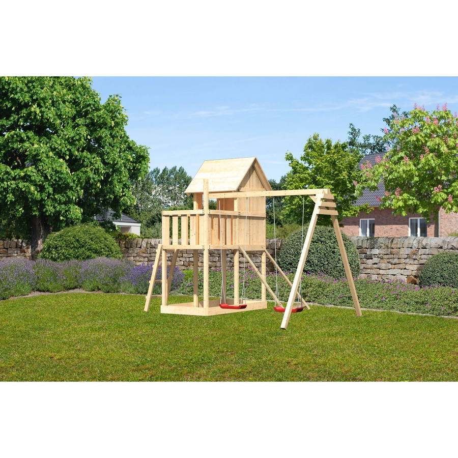 Karibu Stelzenhaus Frieda aus Fichte mit Doppelschaukel, Netzrampe, Holzleiter und Sandkasten in Braun - Bild 2