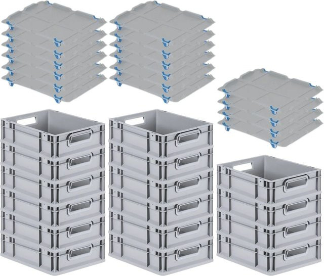PROREGAL SuperSparSet 16x Eurobox NextGen Grip mit Auflagedeckel und blauen Schiebeschnappverschlüssen, Grau, H x B x T: 12 x 30 x 40 cm - Bild 1