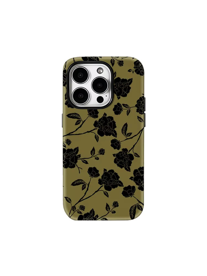 Handyhülle mit schwarzem Blumenmuster auf Olive für Apple iPhone 17 16 15 14 13 12 11 Pro Max Plus mit doppelschichtiger Rückseite - Bild 6