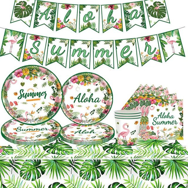 Alivparty Hawaii Party Geschirr Set mit Flamingo und tropischen Palmblättern, bunt, aus Papier und Kunststoff - Bild 1