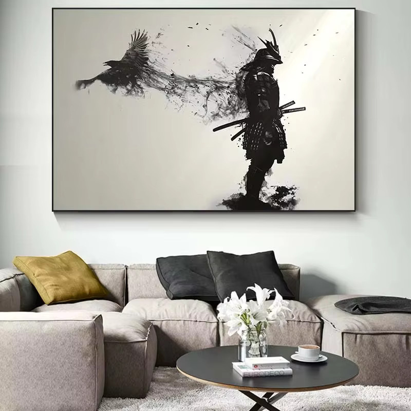 Potdemiel Leinwandgemälde Japanischer schwarzer Samurai mit Krähe, Schwarz-Weiß Wandkunst als Poster für dein Wohnzimmer - Bild 3