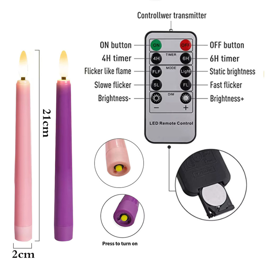 FPOO 4er Set LED Taper Kerzen in Rosa, batteriebetriebene Flammenlose Kerzen mit Fernbedienung und Timer für Hochzeit und Dekoration - Bild 5