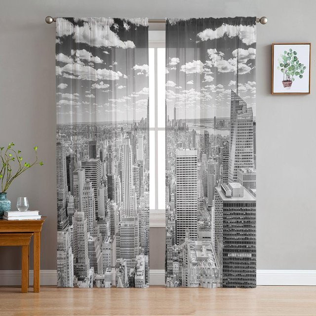Grauer transparenter Voile-Vorhang mit New York City-Motiv von Household supplies MH, moderne Tüll-Fensterdekoration für Wohnzimmer, Küche oder Schlafzimmer, Breite: 100 cm, Höhe: 250 cm - Bild 1