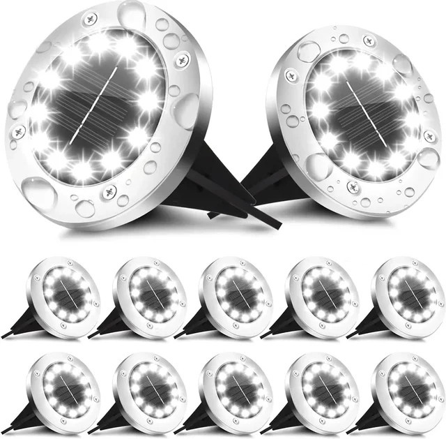 Wasserdichte Solar-Bodenleuchten mit 12 LED für Garten und Terrasse, weiße Solar-Scheibenleuchten in moderner runder Form mit warmweißem Licht - Bild 1