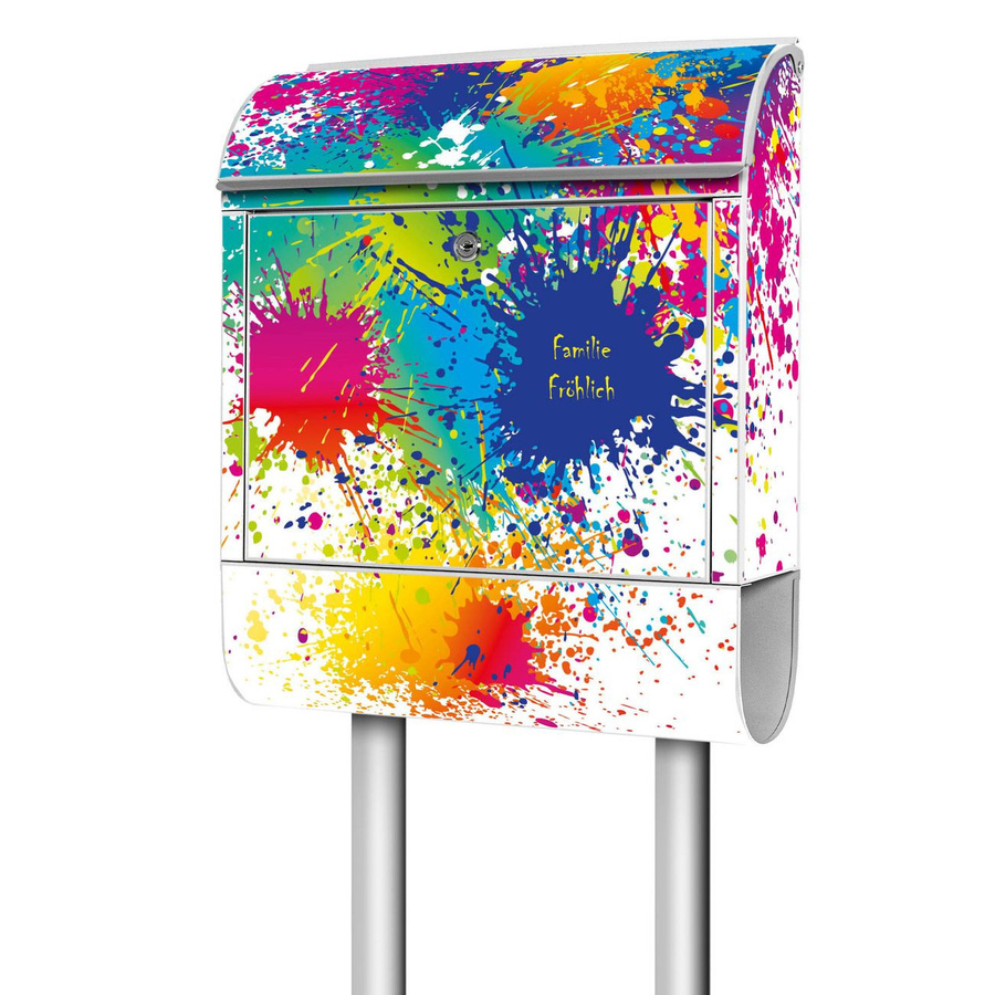 banjado Postkasten mit Standfuß und Motiv Farbspritzer in Weiß und Multicolour, pulverbeschichtet, mit Zeitungsfach, B/T/H: 38 x 16 x 161,5 cm - Bild 1