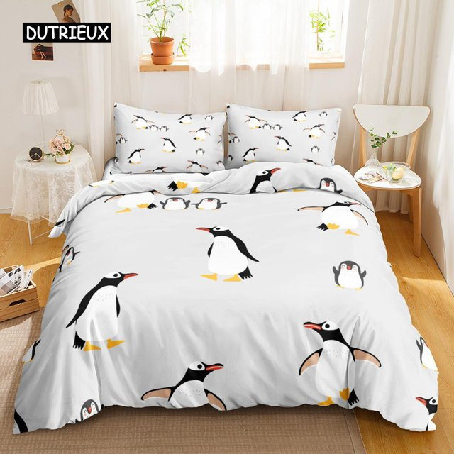 Binchi Outdoor Product Pinguin-Bettbezug mit Kissenbezug für Kinder im Cartoon-Stil, Farbe: Weiß, B/H: 180 x 210 cm - Bild 1