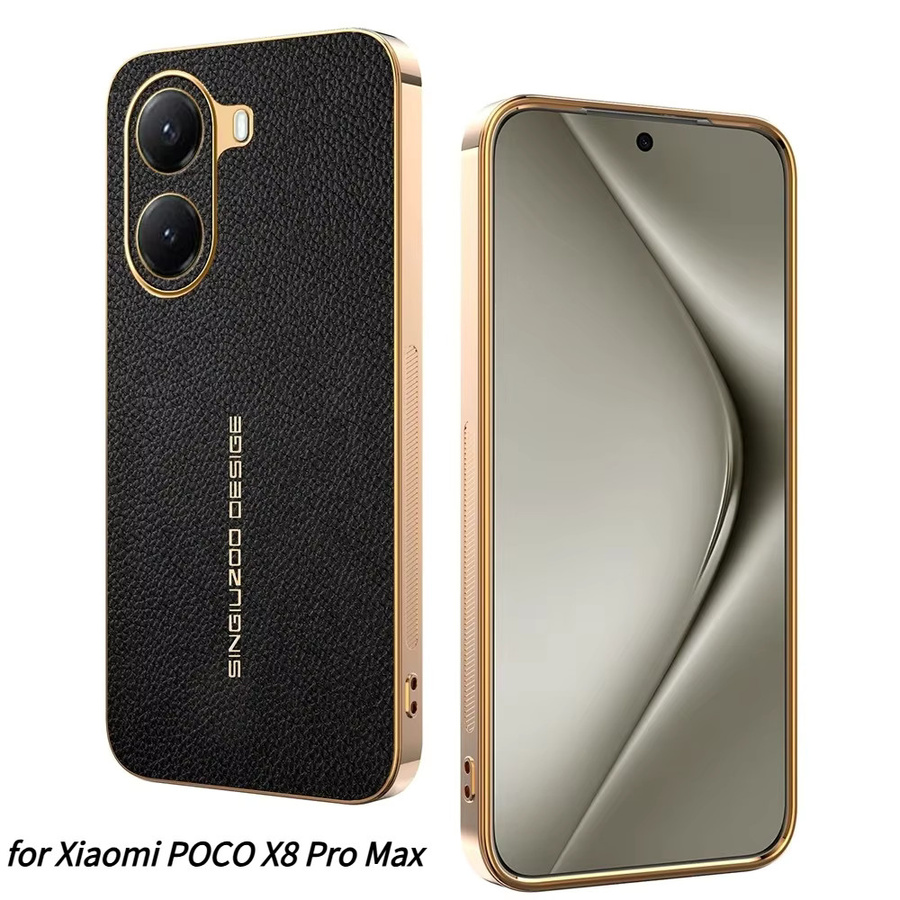 Luxus Lederhülle mit Lychee-Muster und plattiertem Rahmen für Xiaomi POCO X8 Pro Max X7 F8 Ultra F7 M8 Pro M7, Farbe: Schwarz - Bild 5