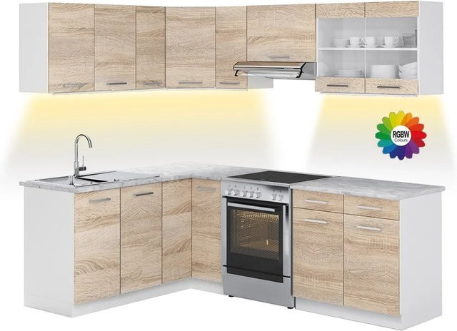 Vicco Rick Eckküche Weiß/Sonoma mit LED-Leisten und Marmor-Optik, B: 227 cm, H: 167 cm, T: 82 cm - Bild 1