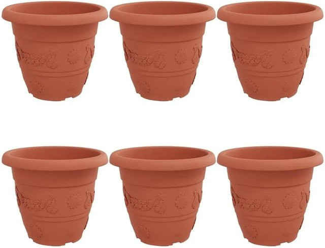 6er Set vidaXL Runde Blumentöpfe aus Kunststoff in Ziegelrot, Durchmesser: 26 cm, Höhe: 21,5 cm - Bild 1