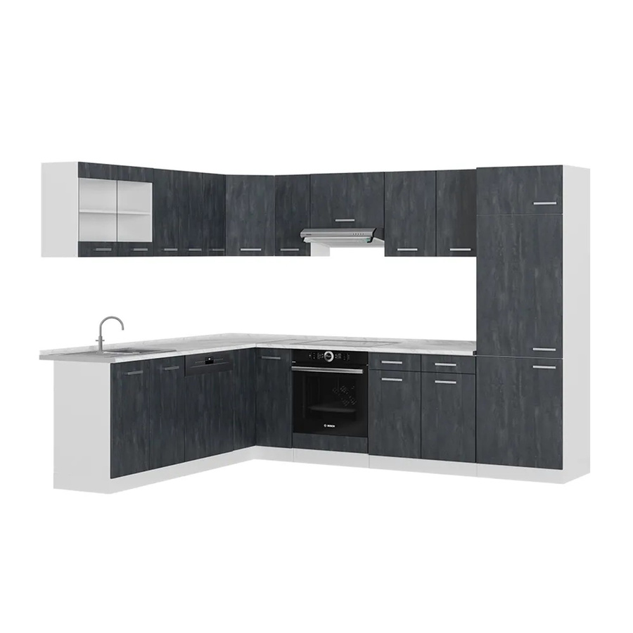 Vicco R-Line Eckküche in L-Form, Schwarz Beton und Weiß, mit Arbeitsplatte in Weiß Marmor, B/T/H: 287 x 227 x 60 cm - Bild 2