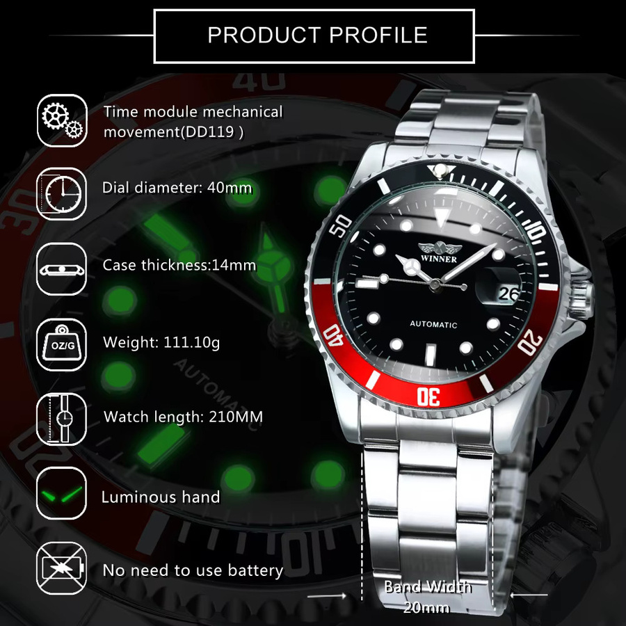 WINNER Armbanduhr Automatik, Edelstahl, Schwarz, Herren - Bild 5