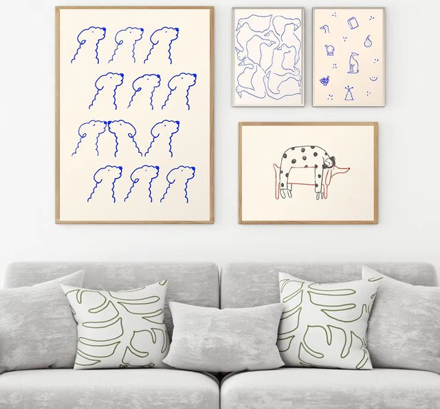 Potdemiel Abstraktes Hundeposter in Blau, Minimalistisches Leinwandgemälde mit Tier-Motiv für Kinderzimmer und Schlafzimmer - Bild 1