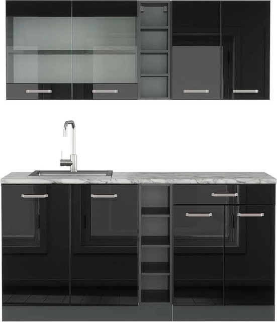 Vicco R-Line Singleküche Schwarz Hochglanz und Anthrazit mit Marmor-Arbeitsplatte Breite: 160 cm - Bild 1
