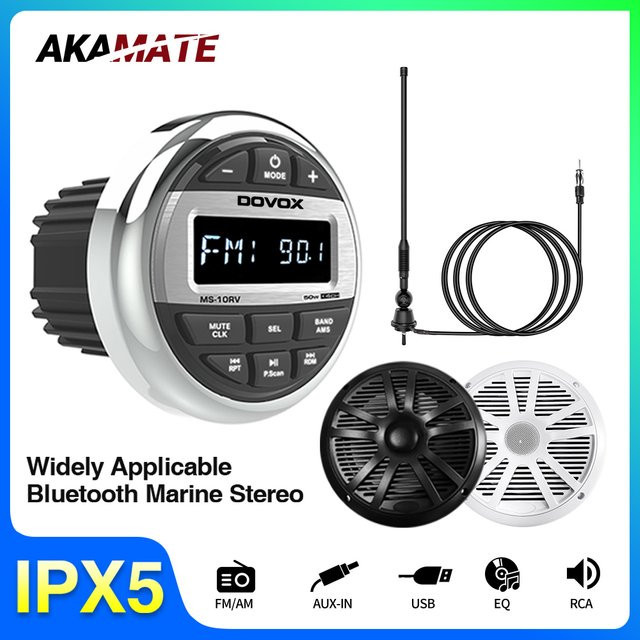 AKAMATE Wasserdichtes Bluetooth Bootsradio-System mit FM-AM-Antenne und Media-Player für Wohnmobil, ATV, UTV und SPA - Bild 1