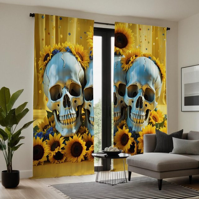 2er Set Halloween Vorhänge mit Sonnenblumen und Totenköpfen, Gelb und Weiß, B: 132 cm, H: 160 cm - Bild 1