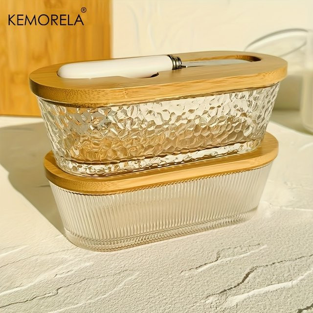 Butterschale aus Glas von KEMORELA mit versiegeltem Deckel in Gold und Transparent zur Aufbewahrung von Marmelade oder Käse - Bild 1