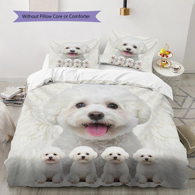 Bettwäsche Set mit Chihuahua und Pudel Hundemuster von Dear YuZong in Weiß, bestehend aus 1 Bettbezug und 2 Kissenbezügen, B/H: 140 x 200 cm - Bild 1