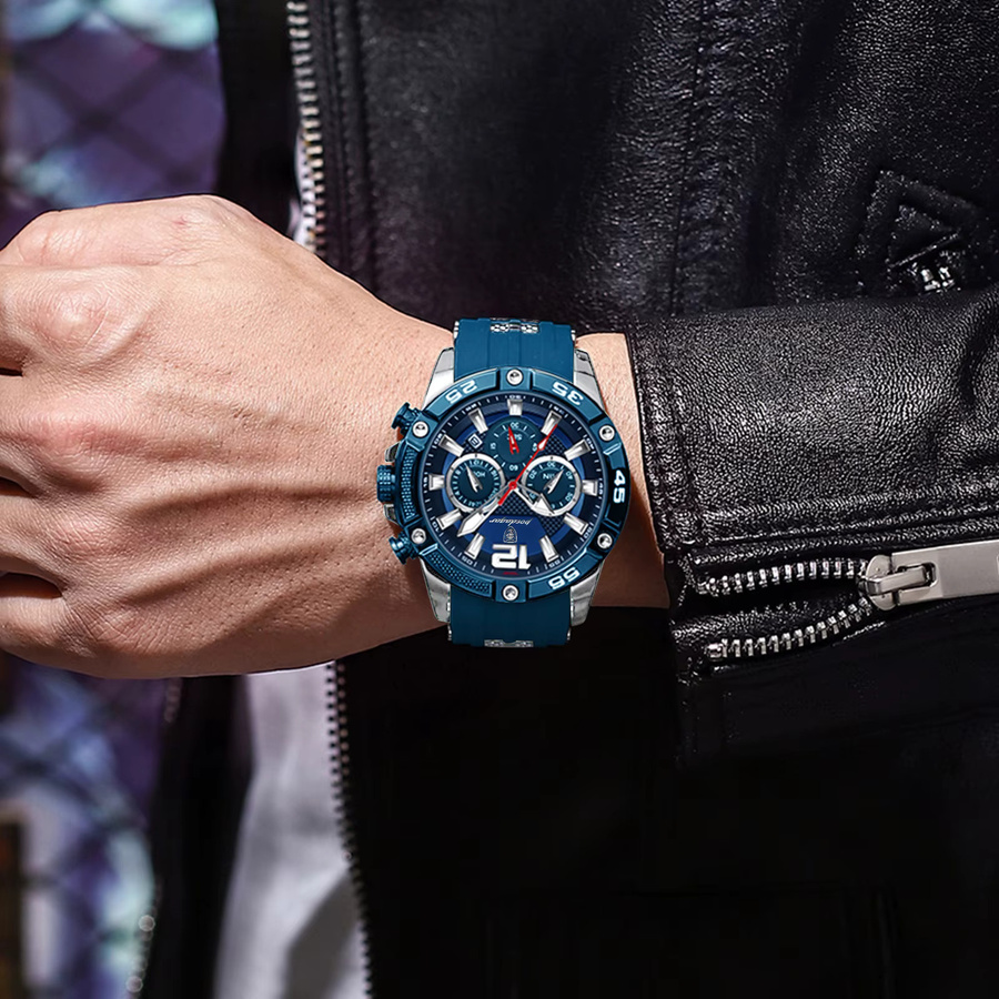 POEDAGAR Armbanduhr Chronograph, Quarz, Edelstahl, Blau, Herren - Bild 5