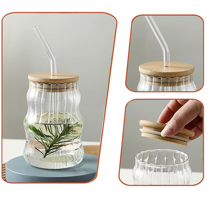 YWDL Glasbecher mit Bambusdeckel und Strohhalm, transparenter Tumbler für Saft, Kaffee oder Milch, 500 ml - Bild 5