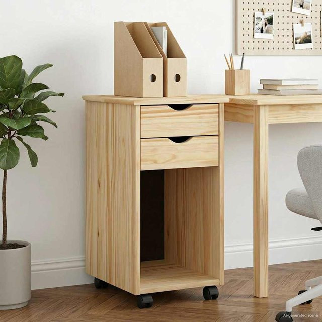 Rollcontainer aus Kiefer Massivholz von Yiwydaa in Braun und Beige, B/T/H: 34 x 39 x 65,5 cm - Bild 1