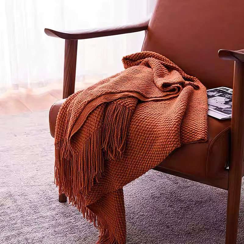 Rust Gift Nordische Strickdecke in Orange mit Quasten, weiche Plaid-Reisedecke für Bett und Sofa, B/B/H: 172 x 127 x 1 cm - Bild 6