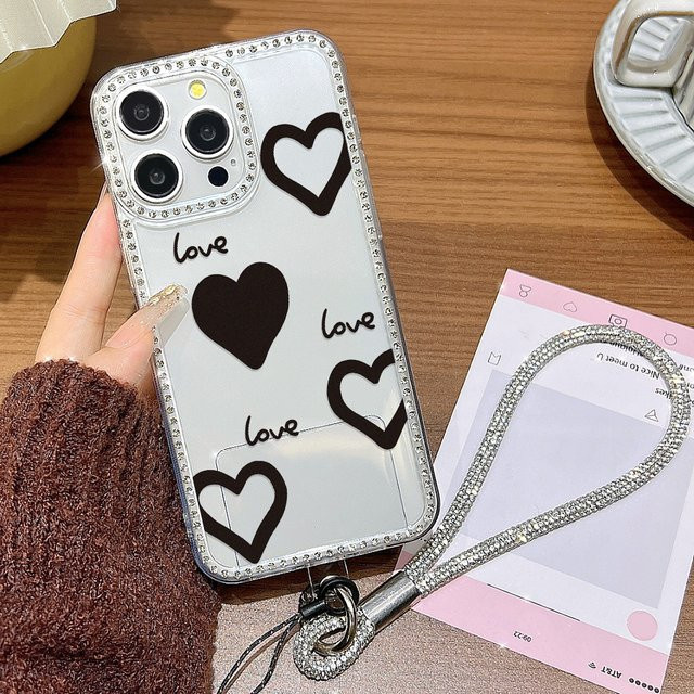 Stoßfeste iPhone Schutzhülle mit Diamant-Herz-Design und Lanyard, transparent - Bild 1