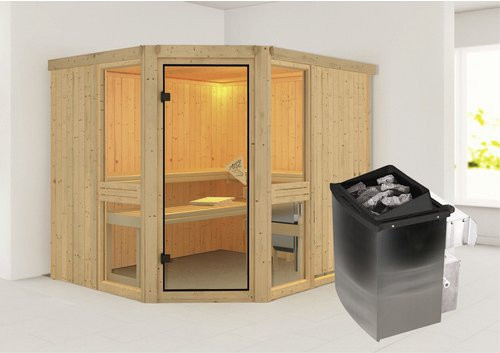 Karibu Sauna Pölva 3 aus Fichtenholz in Beige inklusive 9 kW Saunaofen mit integrierter Steuerung für 4 Personen, B/T/H: 231 x 196 x 198 cm - Bild 1