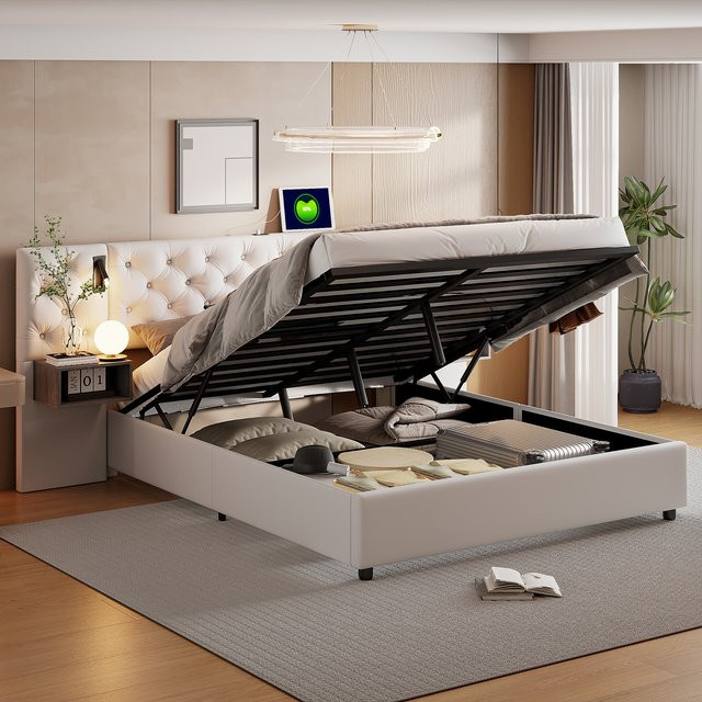 ROSAHQNDA Polsterbett aus Samt in Beige mit hydraulischem Bettkasten, USB-Anschluss, integrierten Leseleuchten und Beistelltischen am Kopfteil, B/T/H: 140 x 200 cm - Bild 1