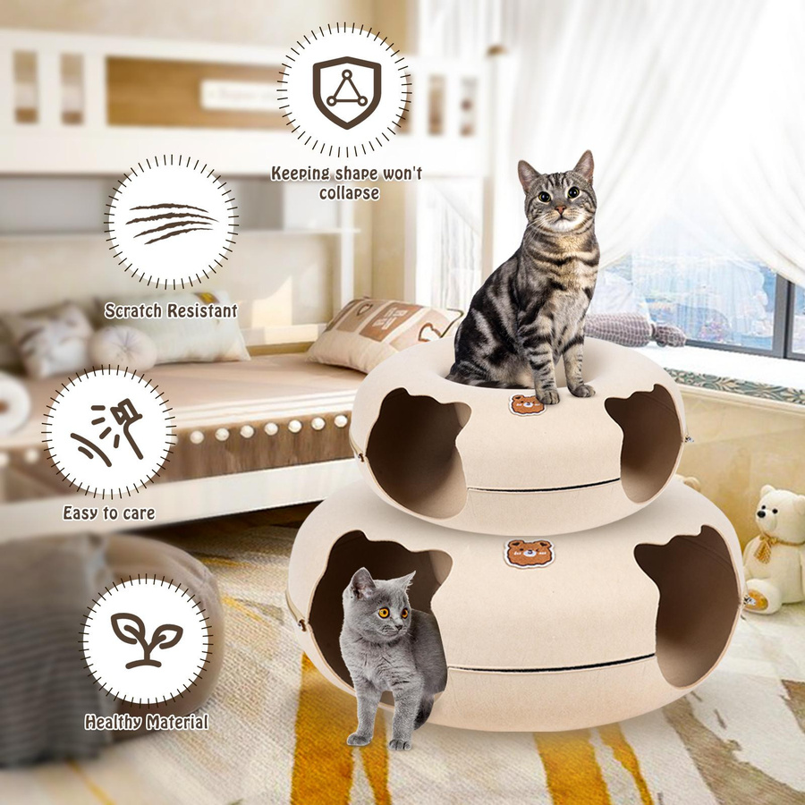 Katzentunnelbett Peekaboo Katzenhöhle aus Wollfilz mit zwei Öffnungen und kratzbarer Donut-Funktion für mittelgroße und große Katzen, Farben: Beige und Grau, Durchmesser: 50 cm - Bild 3