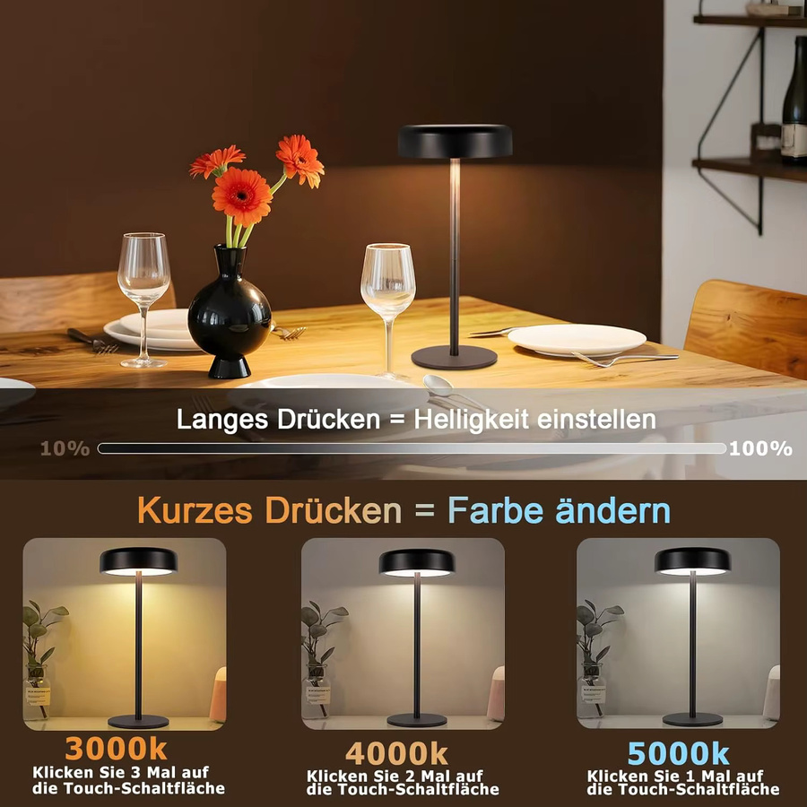 Dimmbare LED-Tischlampe in Schwarz mit Touch-Funktion, solarbetrieben und kabelloser USB-C-Aufladung, wasserdicht für Innen- und Außenbereich - Bild 4