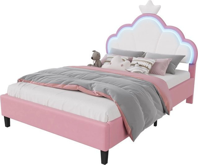 PXloue Kinderbett aus Samt mit LED-Beleuchtung und verstellbarem Kronen-Kopfteil in Rosa, B/T/H: 140 x 190 x 97 cm - Bild 1