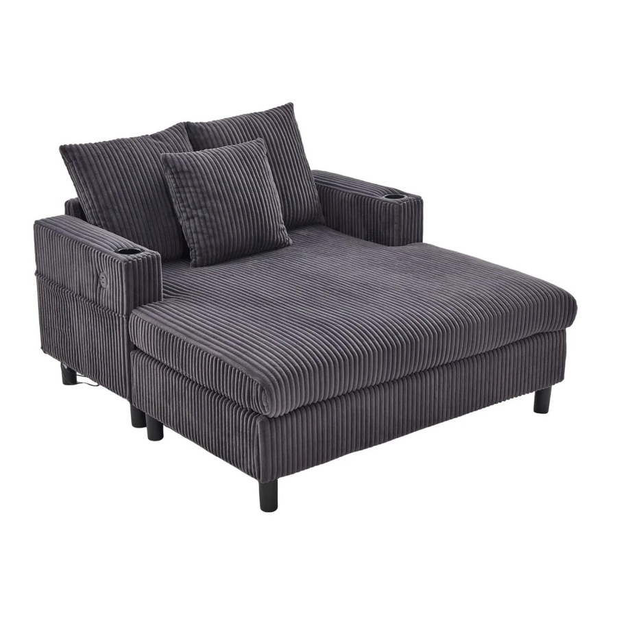 PXloue Schlafsessel Relaxsessel aus Corduroy in Grau mit LED, USB-Anschluss und Getränkehalter sowie Massivholzrahmen, B/T/H: 142 x 85 x 43 cm - Bild 2