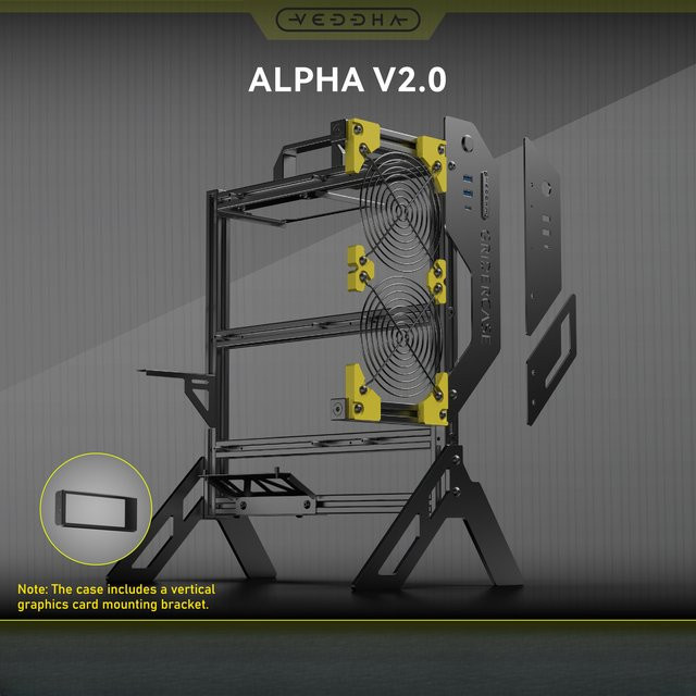 Veddha ALPHA V2.0 DIY ATX-Computergehäuse aus Vollaluminium, offen und wassergekühlt, Schwarz - Bild 1