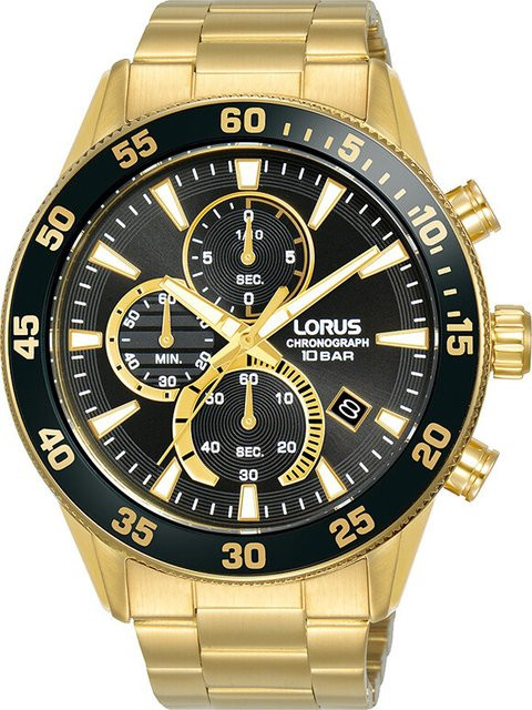 Lorus Chronograph, Quarz, Edelstahl, 46 mm, Herren, Schwarz, Gold - Bild 1