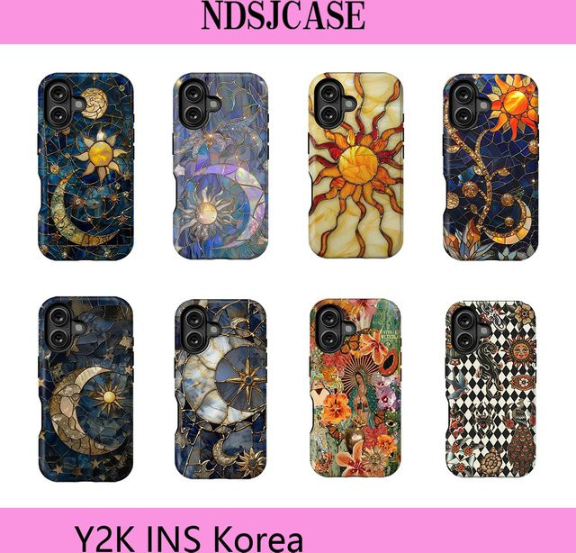Clmj Buntglas Sonne und Mond Handyhülle für iPhone 11 bis 17 Pro Max Plus, doppelschichtige Rückabdeckung, Multicolor - Bild 1