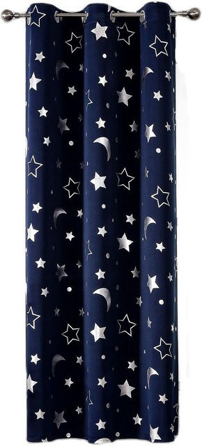 Raumverdunkelnde Vorhänge mit Stern und Mond von Household supplies MH in Blau und Silber für Kinderzimmer und Schlafzimmer, wärmeisolierend mit Ösen, Breite: 132 cm, Höhe: 160 cm - Bild 1