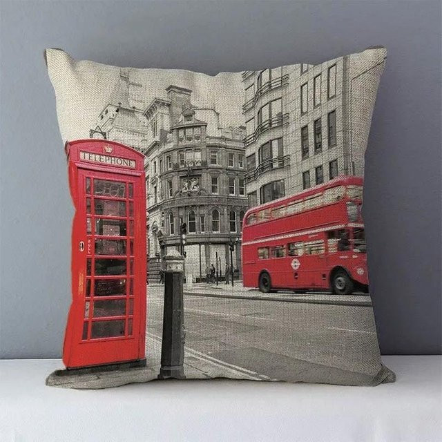 Quadratischer Kissenbezug mit London-Motiv im Retro-Design, Farbe: Rot, B/T/H: 55 x 55 x 55 cm - Bild 1
