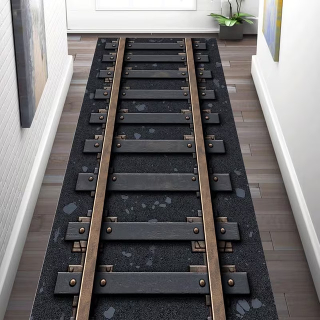 Patchly Eisenbahnschienen-Teppich in Schwarz, rechteckiger Teppich, rutschfest und waschbar - Bild 1