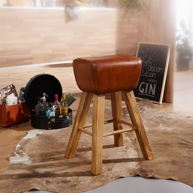 FineBuy Turnbock Barhocker aus Echtleder und Naturholz in Braun, Höhe: 75 cm - Bild 1