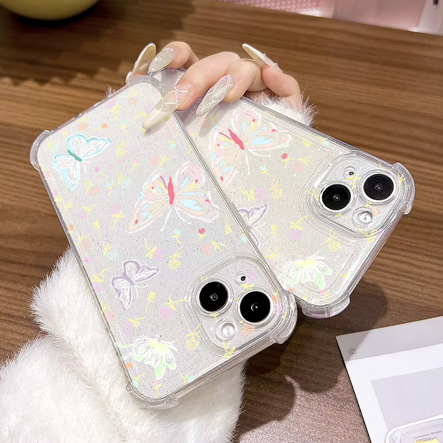 Caynes Handyhülle mit bunten Schmetterlingen und Glitzer für iPhone 11 bis iPhone 17 Pro Max, transparentes stoßfestes TPU - Bild 3