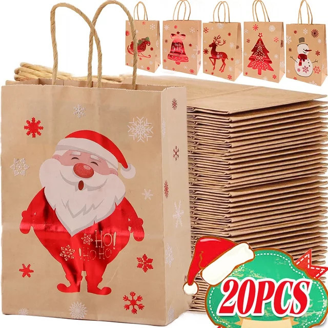 20 Weihnachts-Geschenktüten aus braunem Kraftpapier mit Weihnachtsmann-Motiv für Süßigkeiten und Kekse - Bild 1