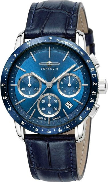 Zeppelin Chronograph, Herrenuhr, Quarz, Edelstahl, 43 mm, Blau, Leder - Bild 1