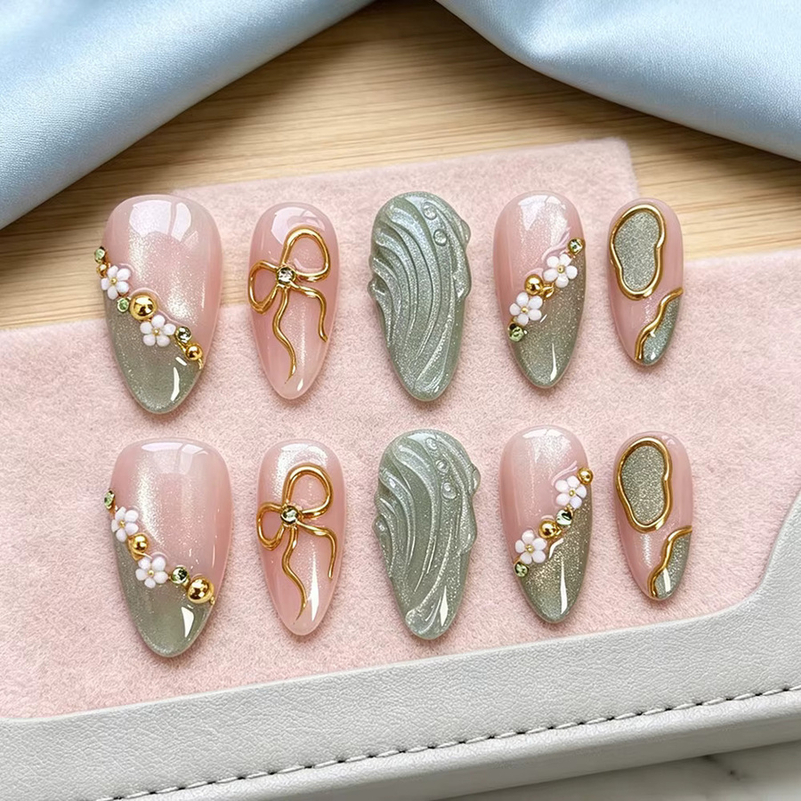 MAFANAILS Press-On-Nägel, Mandelförmig, Rosa-Grün, 3D Acryl-Blumen, 10/30 Stück - Bild 2