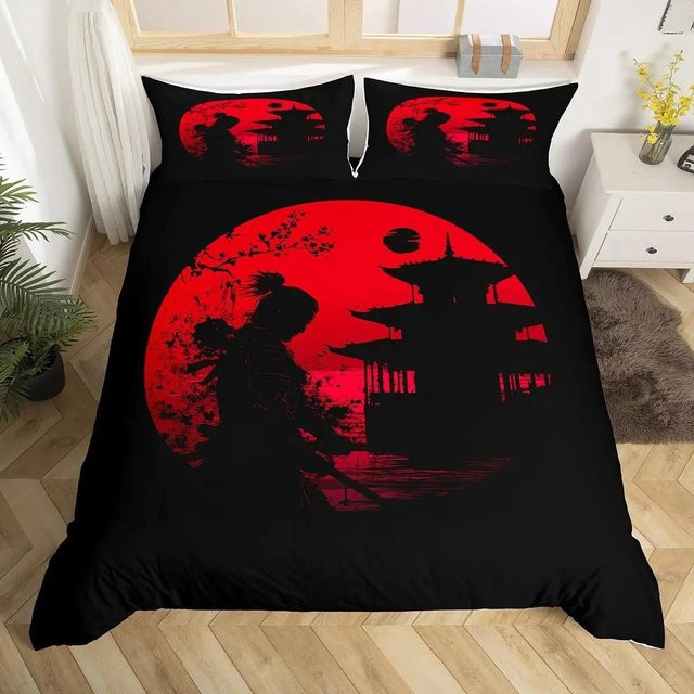 Japanisches Samurai Bettwäscheset mit Kirschblüten, Roter Sonne und Fuji Berg, Doppelgröße, Farbe: Rot/Schwarz, B/H: 140 x 210 cm - Bild 1