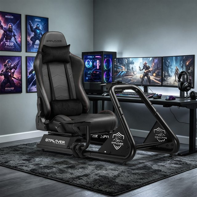 LUCKRACER Simracing-Cockpit Rennsimulator mit Lautsprechern, Lenkrad und Pedalablage in Schwarz oder Weiß - Bild 1