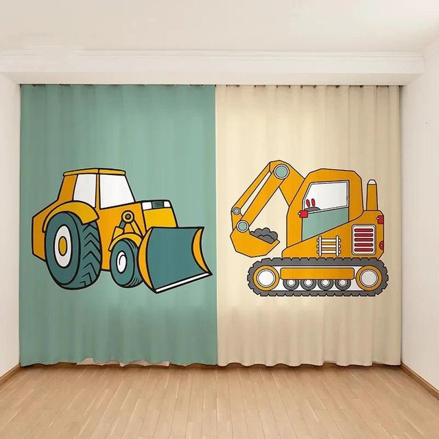 Yiran Furniture Vorhang für Kinderzimmer mit Spielzeugauto-Bagger Motiv, Blau-Gelb, 2 Paneele, Breite: 65 cm, Höhe: 60 cm - Bild 1