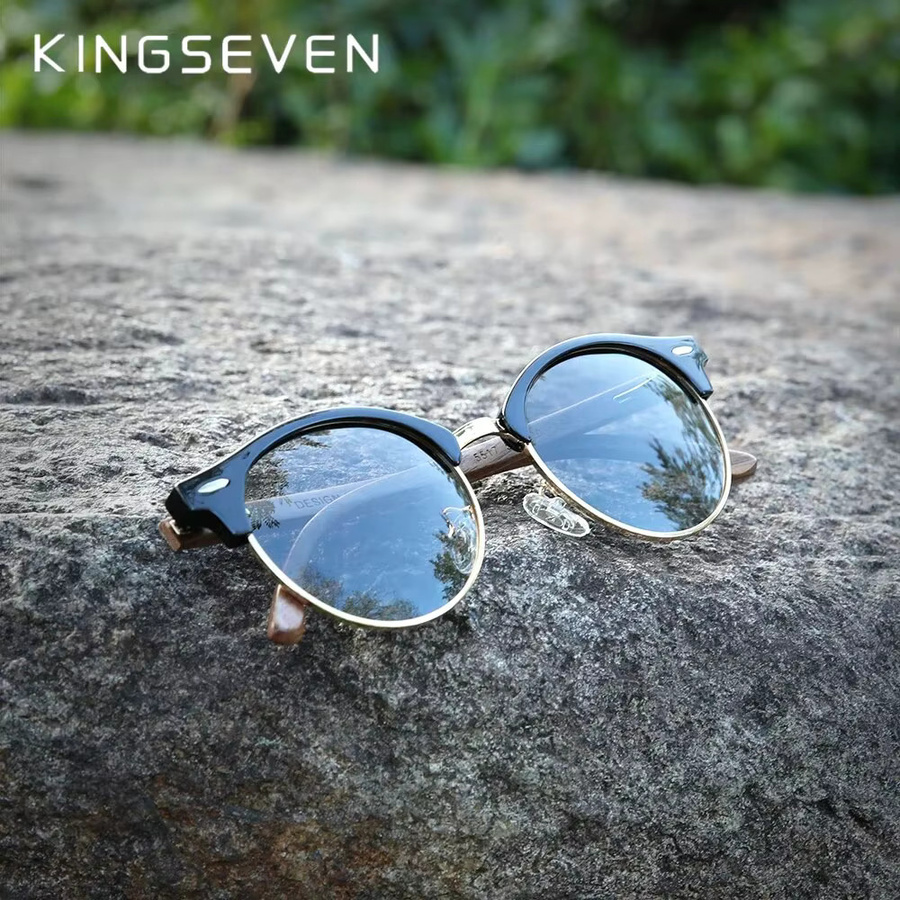 KINGSEVEN Sonnenbrille Rund, Holz, Vollrand, braun, Unisex, polarisiert - Bild 4